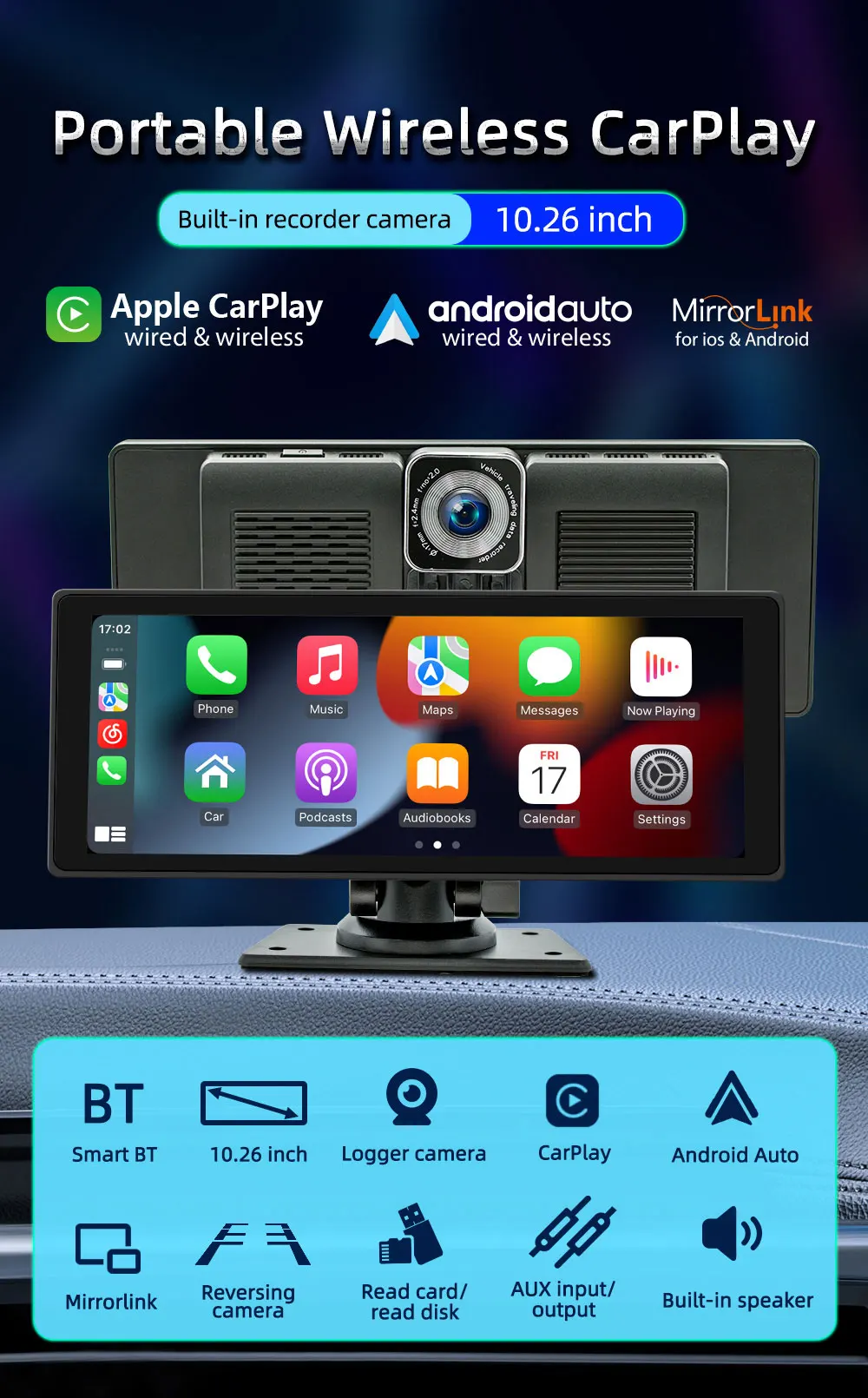 CARABC 10.26 inch carplay screen portable Waterproof Android Auto Display Screen For Car Universal Dashcam With dash cam