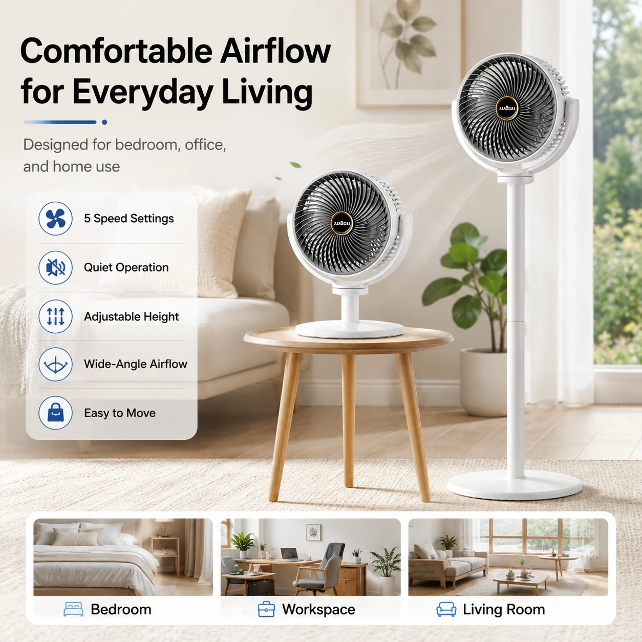 Modern 2-in-1 Floor Desk Air Circulator Fan 5 Speeds Powerful Airflow Portable USB Pedestal Fan for Home Bedroom Office