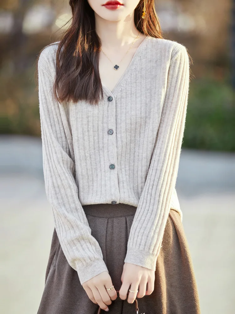 Aliselect Long Sleeve Cashmere Women Cardigan Knitted Sweaters 100% Pure Merino Wool Tops Spring Autume V-Neck Clothing Knitwear