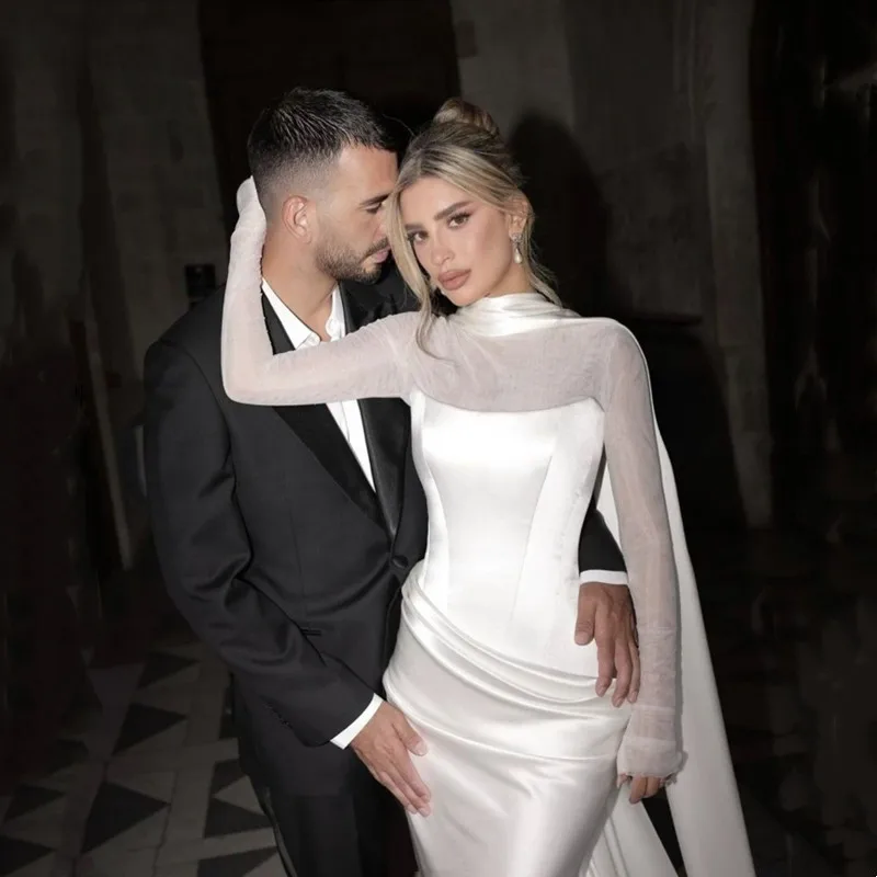 Vestido de novia de satén de sirena sencillo, tul, mangas largas, elegante, cuello alto, Formal, plisado, largo hasta el suelo, personalizado, 2025