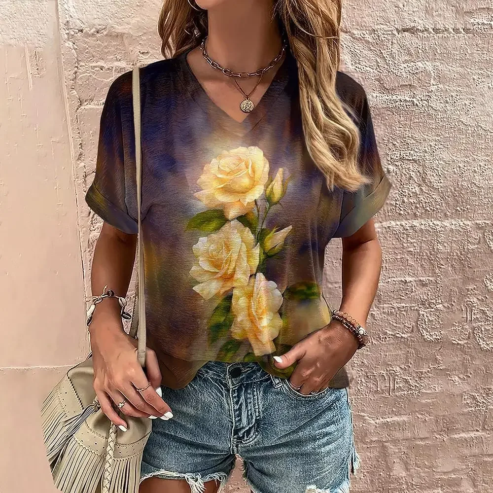 

Women's Summer V-neck T-shirt Flower Printed Casual Tops Cubic Sleeve T Shirt Fashion Street Pullover OverSize Women's Clothing