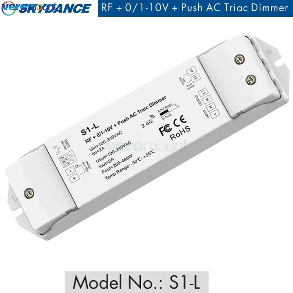 

Skydance S1-L 100~240VAC RF+0/1-10V Push AC Triac Phase-cut Dimmer for 200W/480W led smart lighting