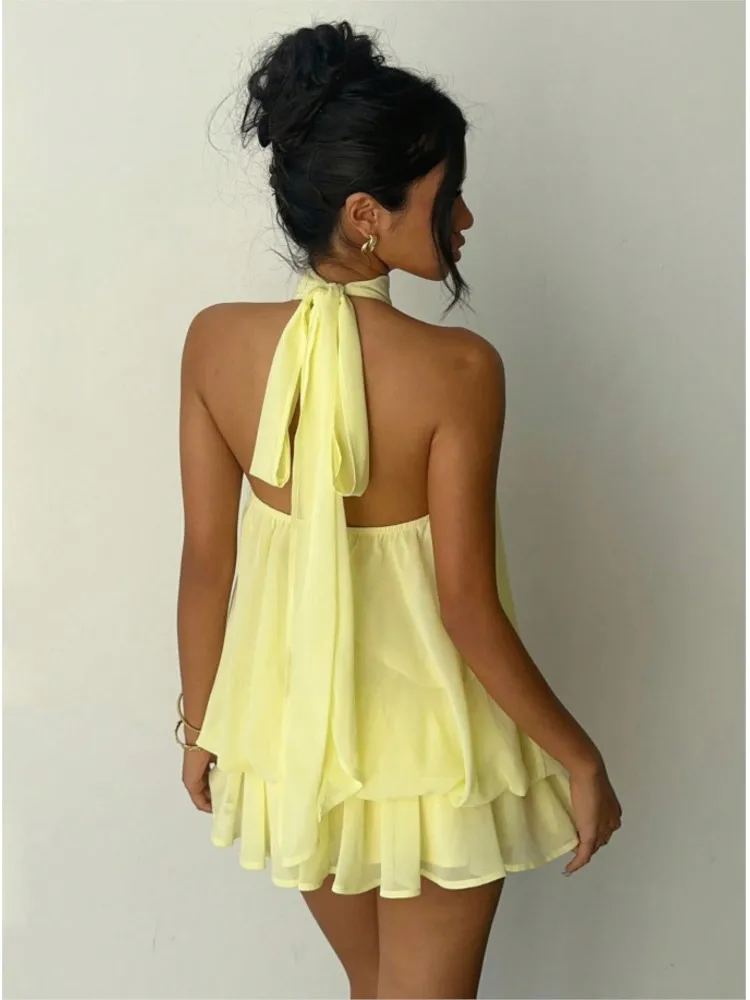 

Fashion New Solid Color Halter Mini Dresses Women Tiered Ruffle Open Back Tie Detail Gown Sweet Casual Summer Short Party Dress