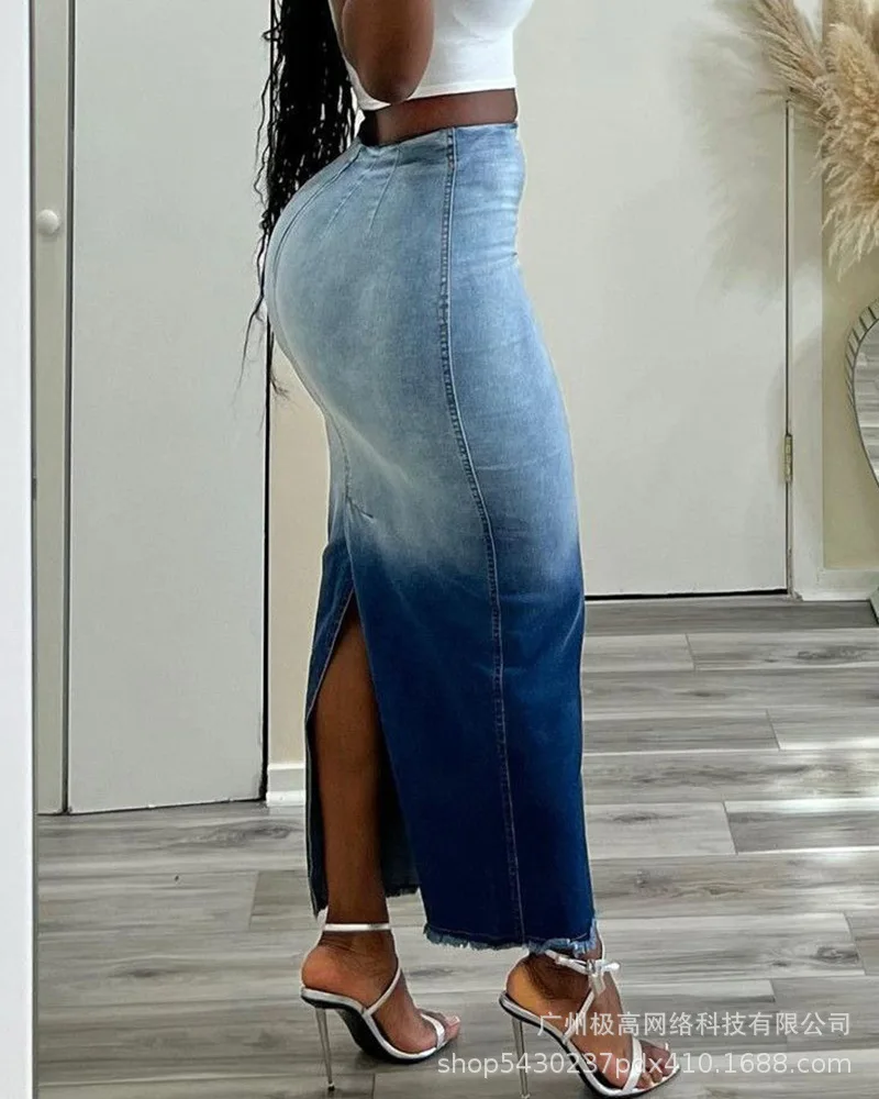 التنانير للنساء الأنيقات التعادل صبغ طباعة الخام هيم الدنيم فستان قصير موضة عادية شق التنقل نصف الجسم فساتين صيف جديد #5