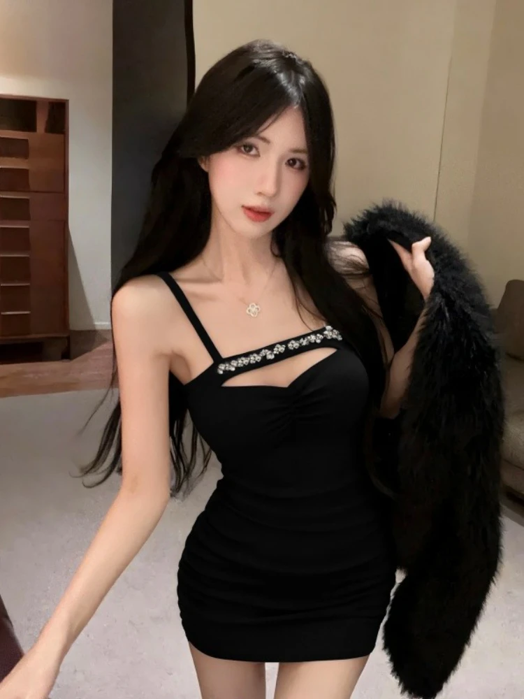 Foamlina Women's Spaghetti Strap Dress with Crystal Detail Cut Out Sleeveless Backless Slim Bodycon Summer Night Out Mini Dress