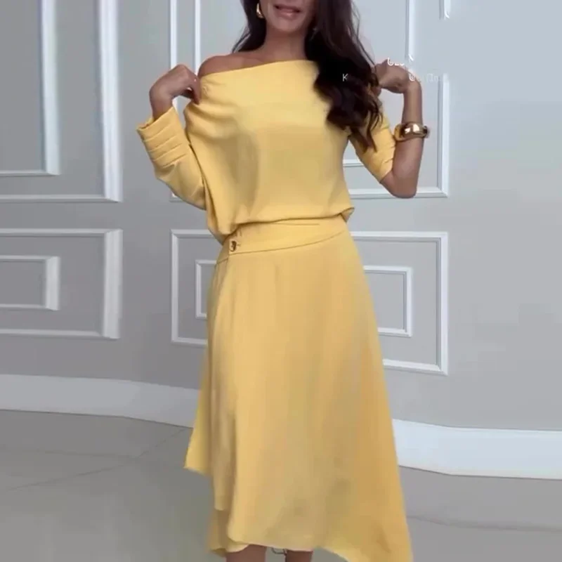 المرأة الجديدة 2025 مزاجه الصلبة مكتب البدلة ضئيلة السيدات الزي بسيط أنيق انحراف طوق كم طويل بلوزة و ألف خط التنانير مجموعة