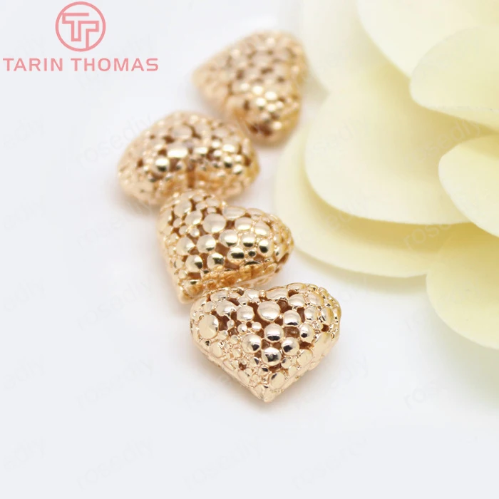 (2818)4PCS 12.5x14MM 24K Gold Color Plated Brass Heart Spacer Beads Bracelet Beads High Quality Jewelry Accessories