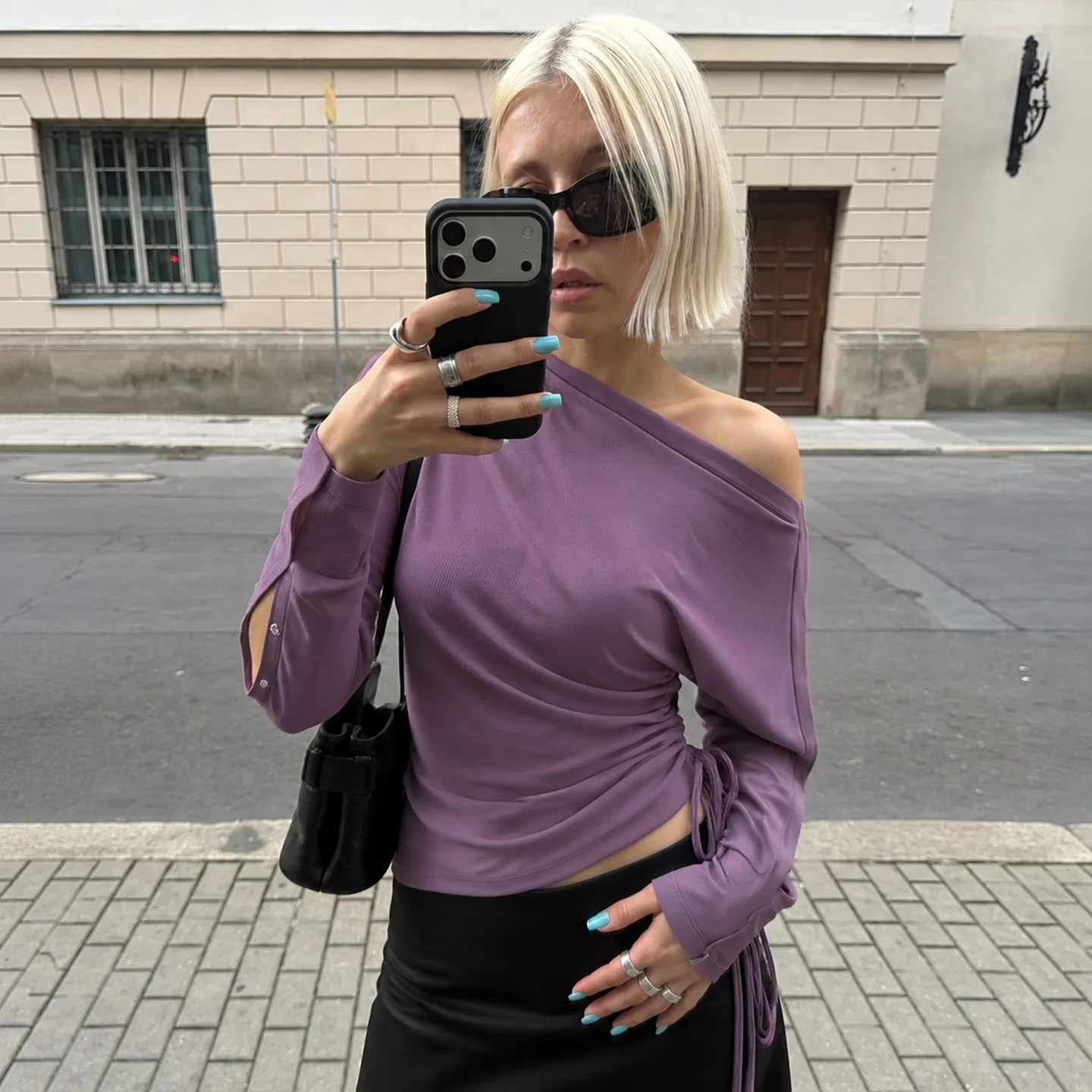 Diagonal Collar Design Hollow Button Long-sleeved T-shirt Asymmetrical Pleated Waist Knitted Top