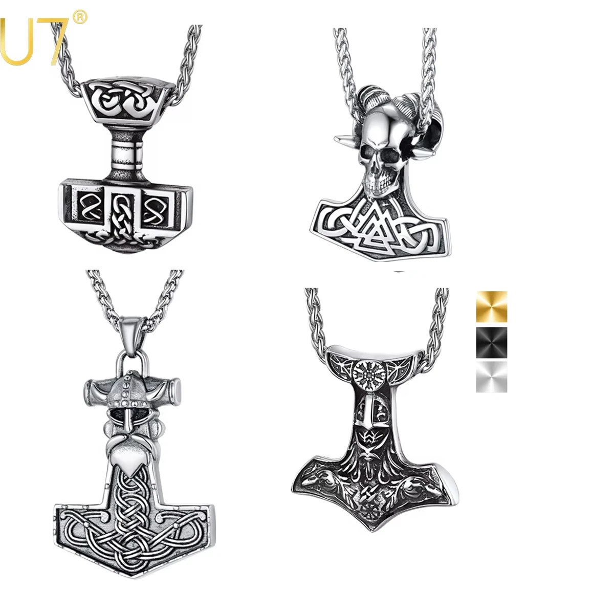 U7 Thor's Hammer Necklaces Celtic Viking Valknut Odin Helmet Goat Head Pendant & Chain for Men Cool Skeleton Gothic Jewelry Gift