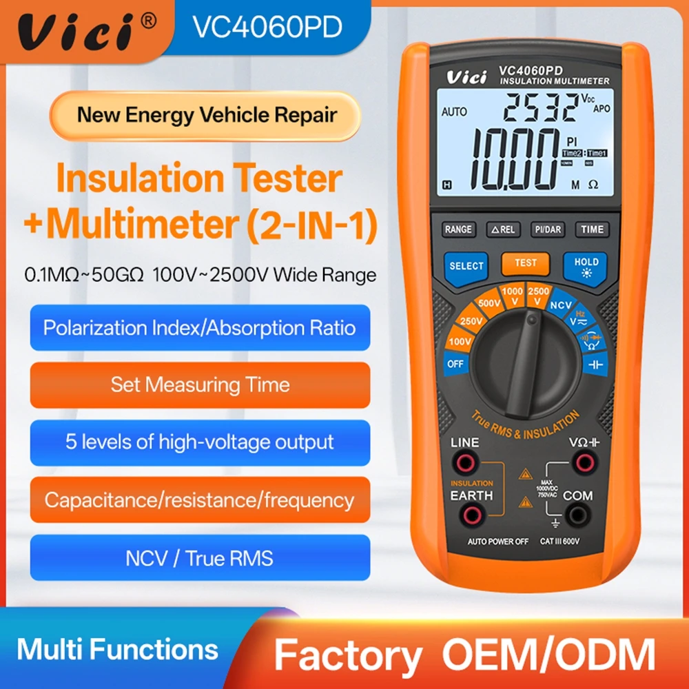 Vici 2500V Insulation Resistance Meter Digital Multimeter Polarization Index/Absorption Ratio New Energy Vehicle Motor Repair