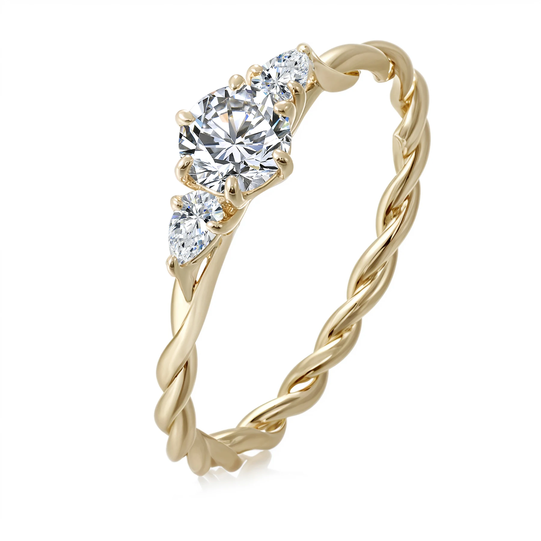 

Provence 14K Yellow Solid Gold Twisted Band With 6mm Round Moissanite Diamond For Women Three Stone Party Ring Gift