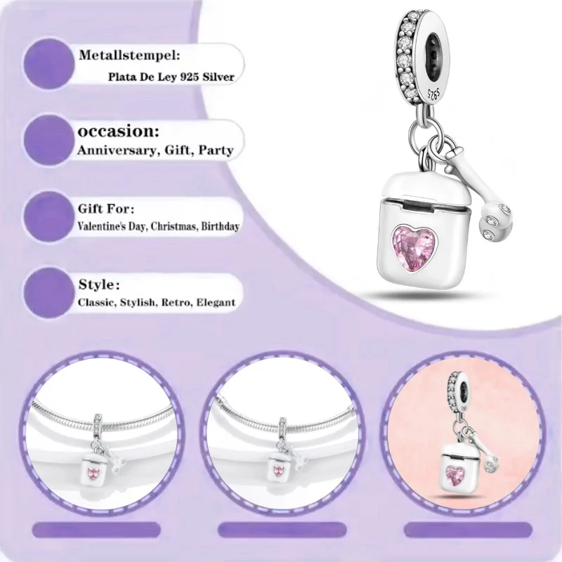 

Подвеска-шарм из серебра 925 пробы в виде беспроводных наушников, браслет с бусинами для женщин