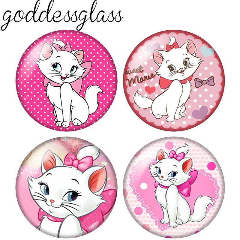 Cute Pink Cat Marie Elegant Cat 10pcs Round 12mm/18mm/20mm Photo Glass Cabochon Flat Back Making Findings for Keychain Jewelry