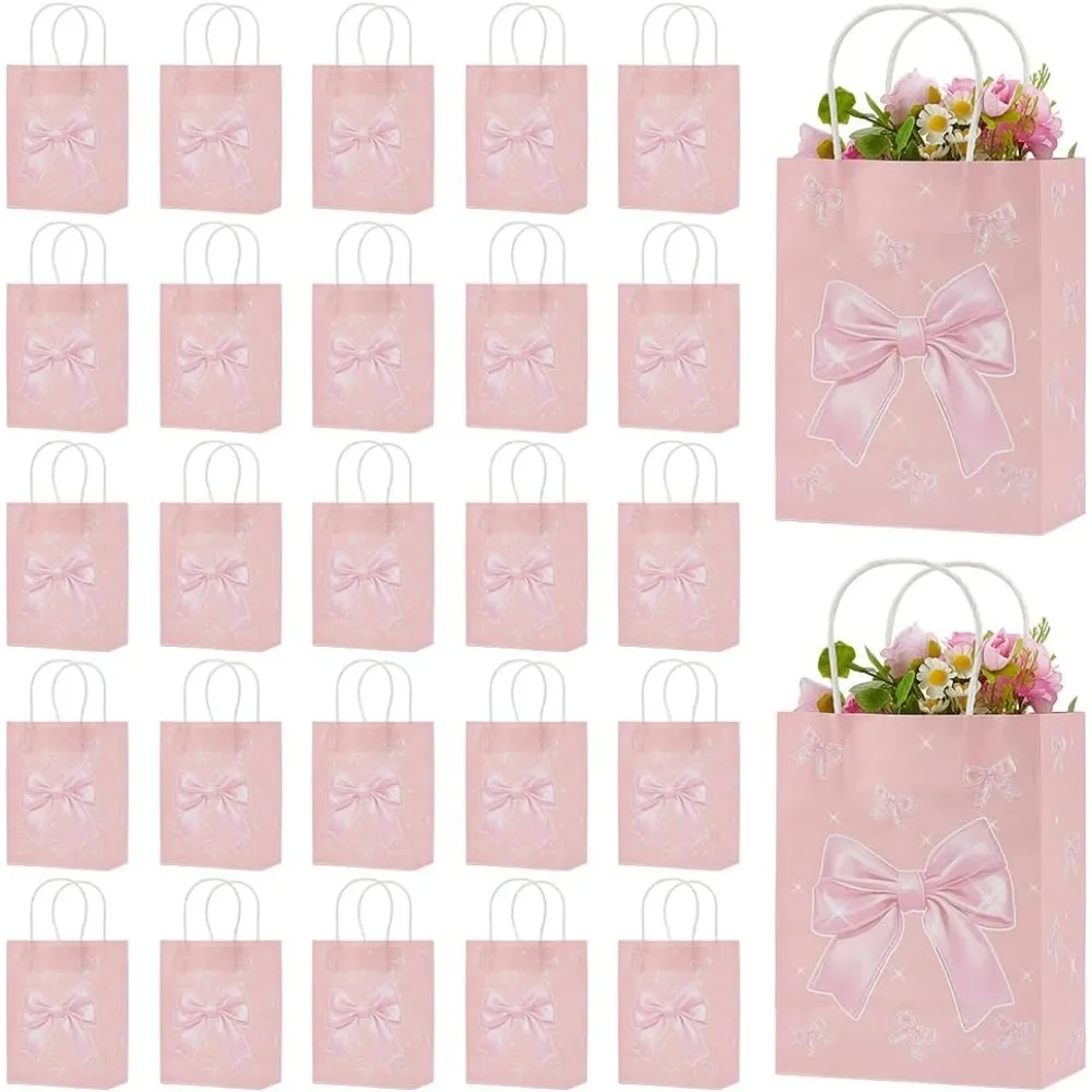 

30 Pcs Pink Gift BagsBow Birthday Party Paper Favor Bags with Handles for Mother's Day Valentine's Day Bridal Engagemen