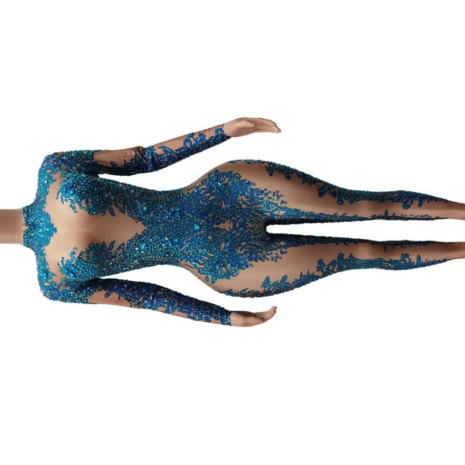 

Blue Crystal Bodysuits Sexy Showgirl Pole Dance Leotard Performance Stage Costume Women Ball Club Party Jumpsuit
