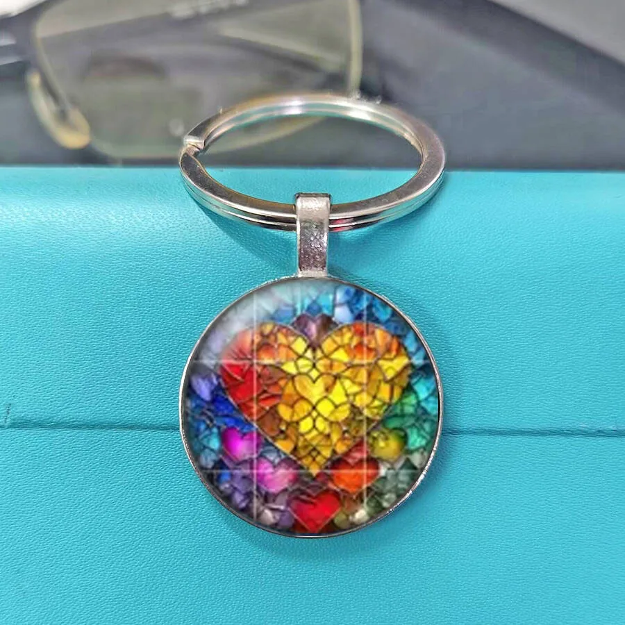 Irregular Abstract Cracked Stained Glass Heart Gloss Dome Circular Ornament Keyring Personalized Pocket Decor Charm