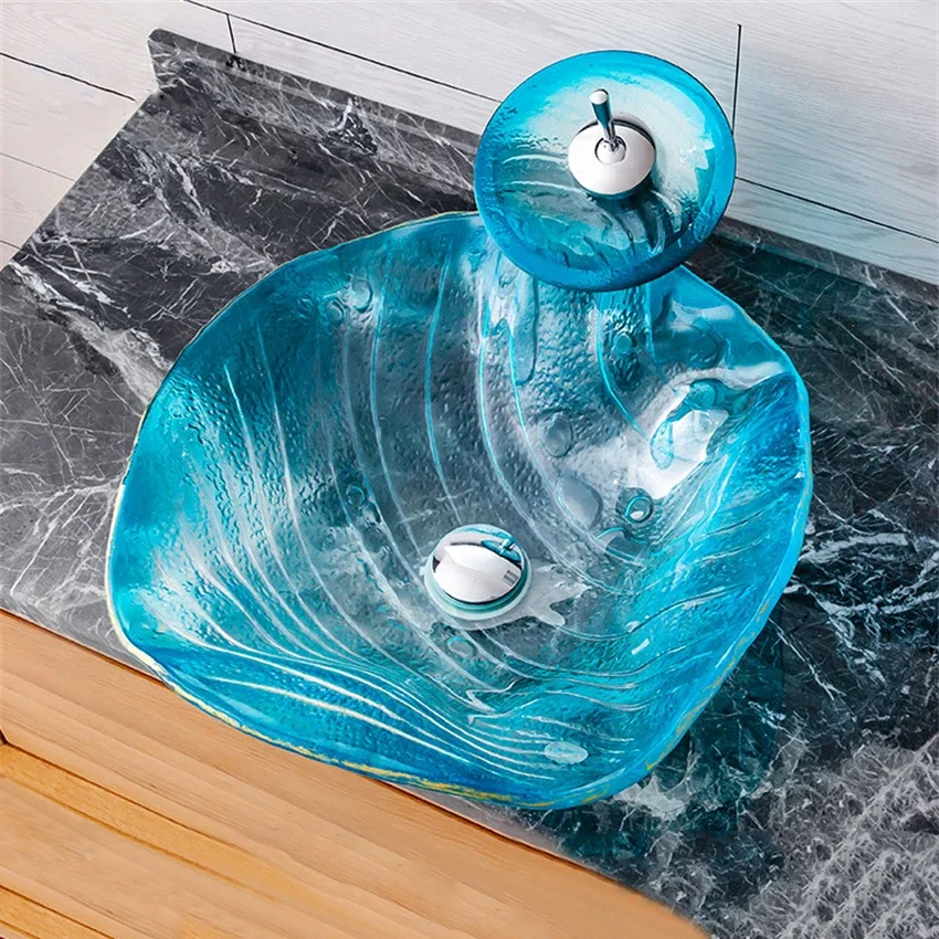 

Bathroom Counter Top Washroom Vessel Sink Hand Wash Basin Hotel Art Tempered Glass Basin Sink Waterfall Faucet Washbasin Set