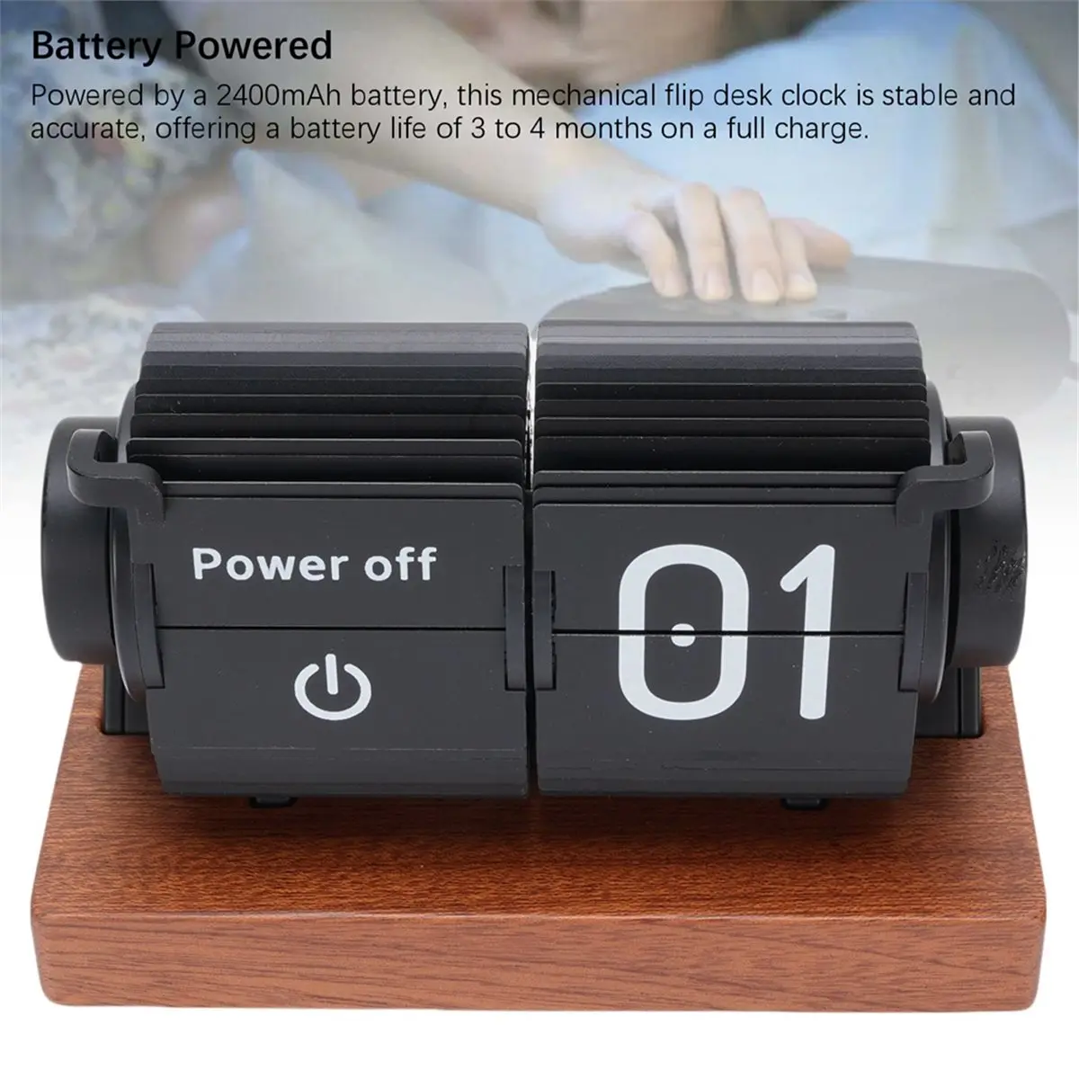 L73A NEW Vintage Flip Clock Mechanical Battery Powered Automatic Page Turning Clock with Wood Base for Living Room White