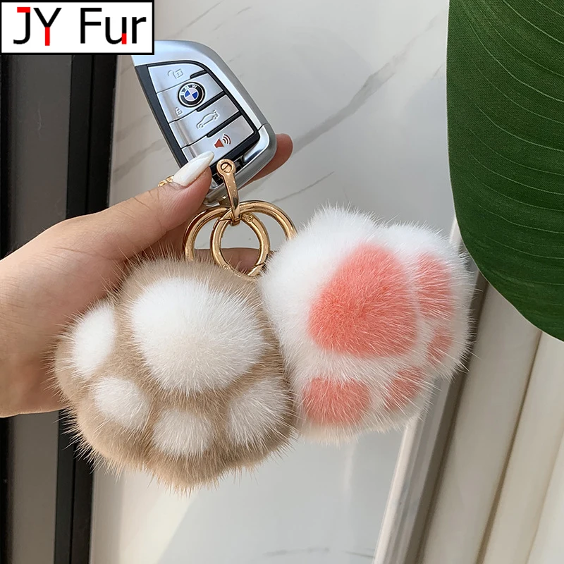 

Plush Cute Cat Claw Real Mink Fur Keychain Women Bag Ornaments Small Paw Toy Soft Pom Pom Ball Car Key Pendant Keyrings Gift