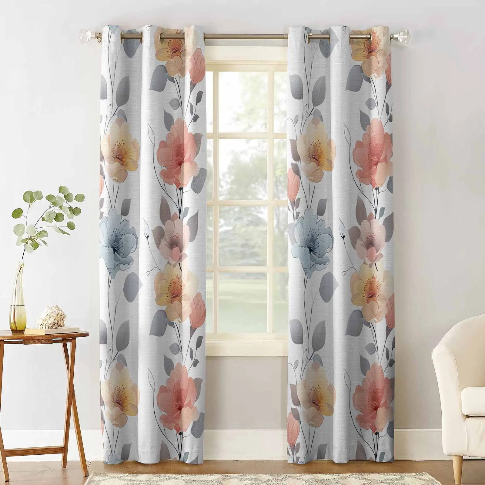 Flowers Leaves Hand Drawn Curtains for Living Room Window Decoration Curtains in Home Kitchen Luxury Bedroom Drapes