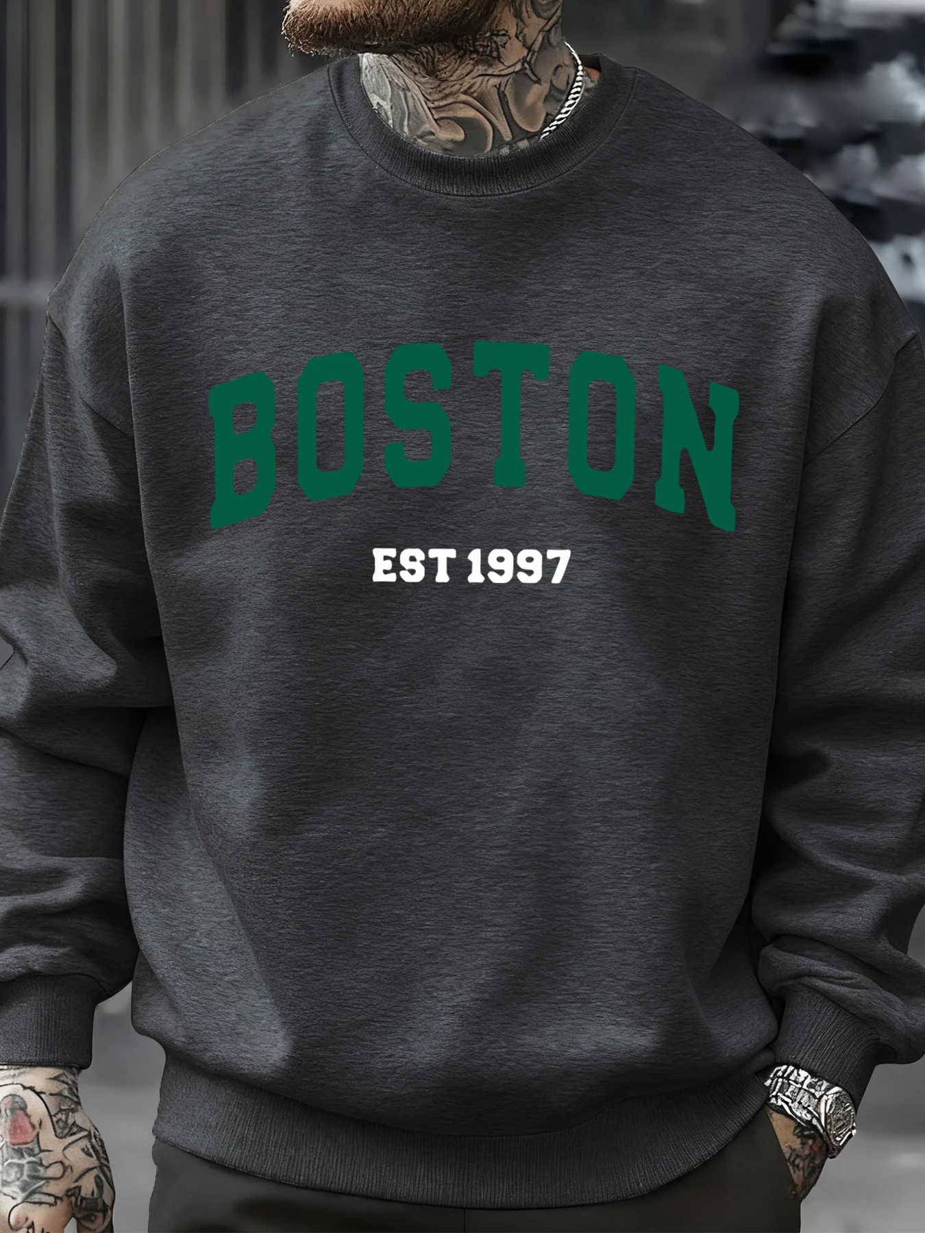 Boston Letter, schlichte Muster, Herren-Sweatshirt, modische, warme Pullover, lässige, übergroße, bequeme Streetwear, Herbst-Fleece-Kleidung. – Detail 17