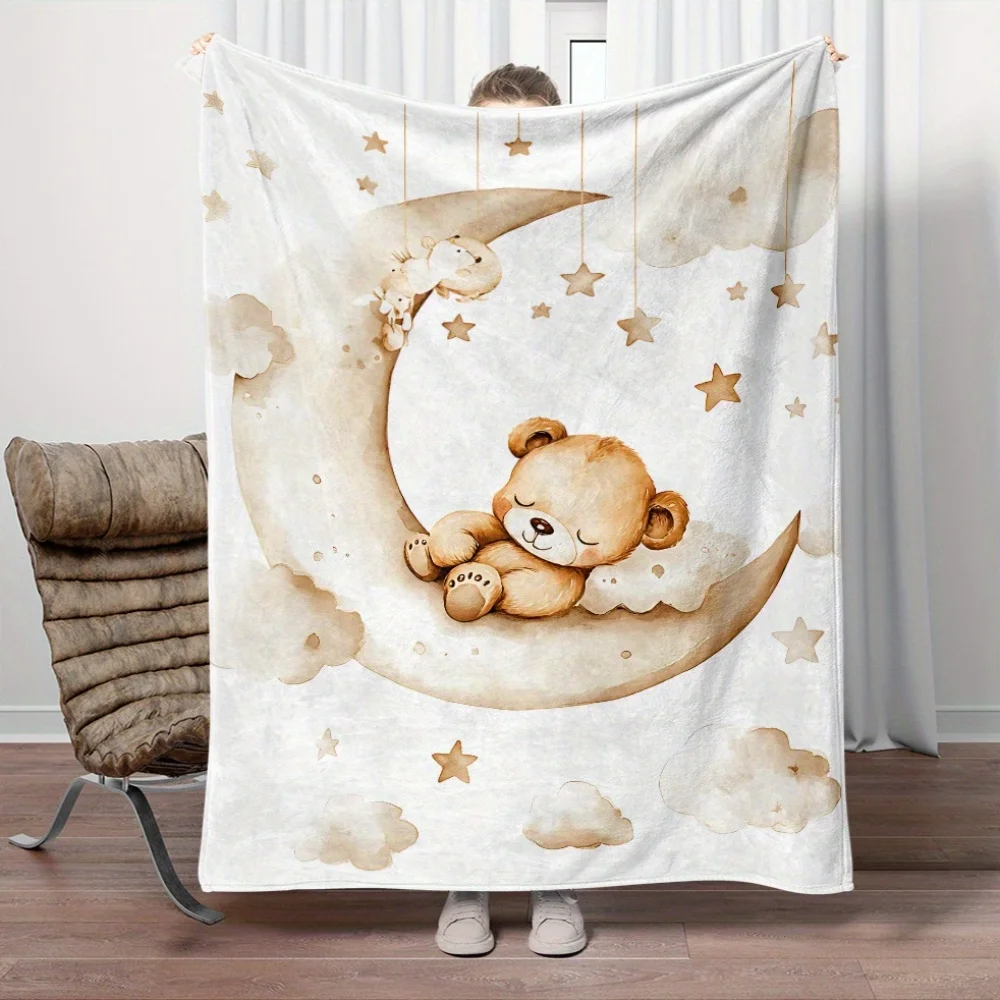 1pc Good Night, Cute Little Bear Print Portable Blanket-Lightweight Flannel Throw for Sofa Bed Travel Camping Livingroom Office