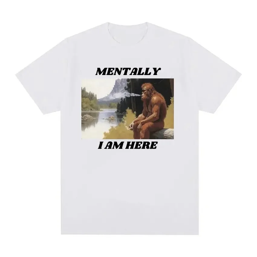 Mentally I Am Here Monkey Funny Meme Pattern T-shirt Men's and Women's Retro Fashion Short Sleeved T-shirt Y2k Clothing