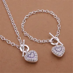 925 Sterling Silver fine heart crystal pendant necklace bracelets Jewelry sets for women Fashion Party wedding Cute Gifts