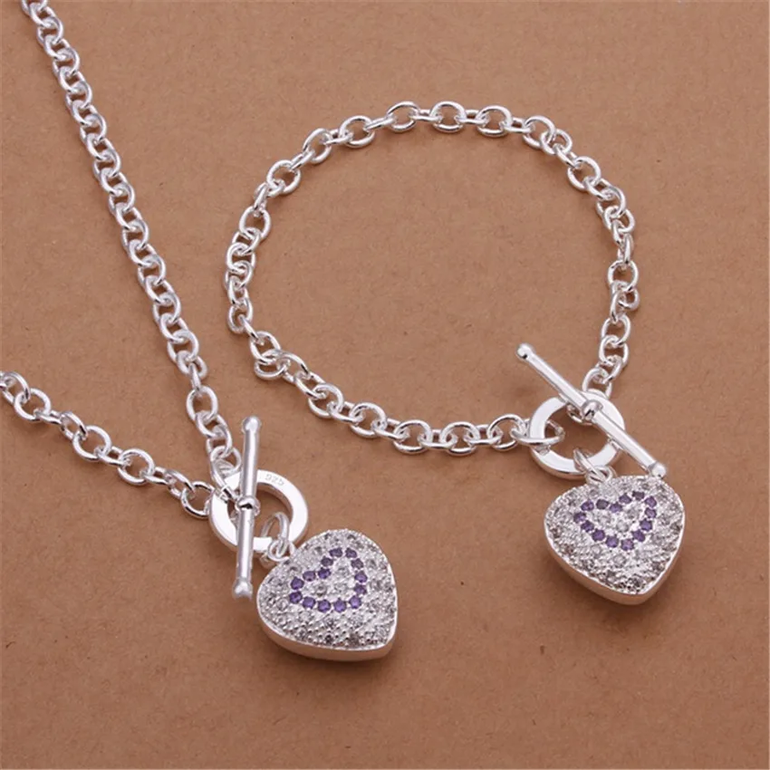 925 Sterling Silver delikatne serce kryształowy wisiorek naszyjnik bransoletki zestawy biżuterii dla kobiet Fashion Party ślub urocze prezenty