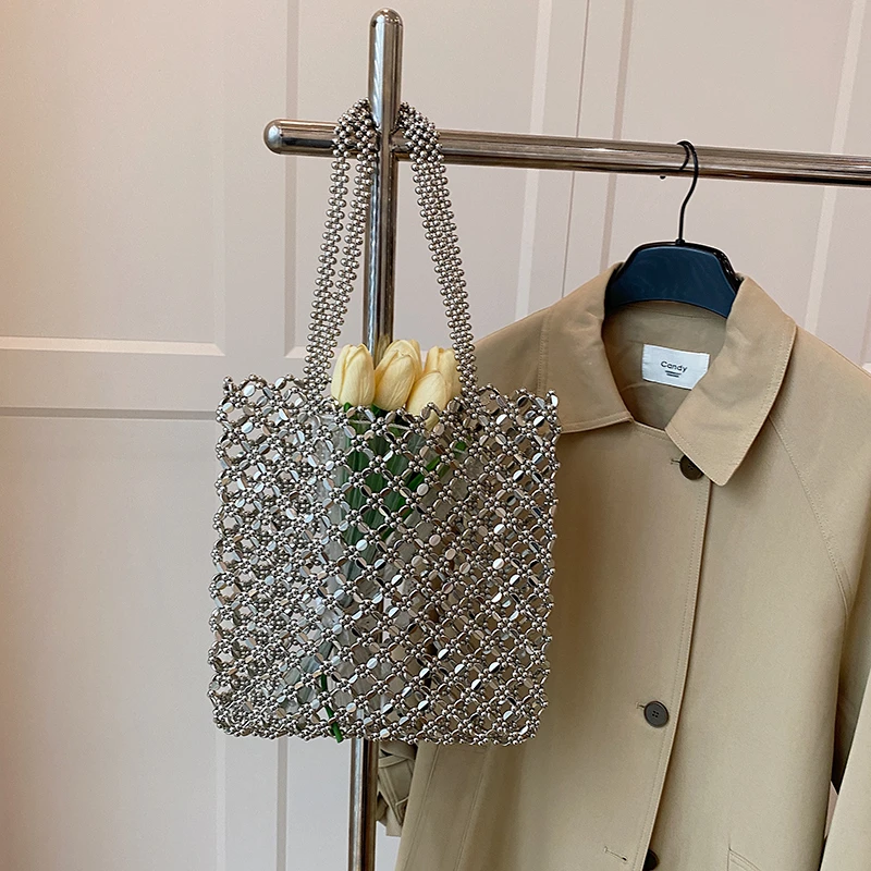 Elegant Handmade Pearl Mesh Tote Bag Women Hollow Beaded Shoulder Bag Summer Wedding Dating Daily Shopping Handbag