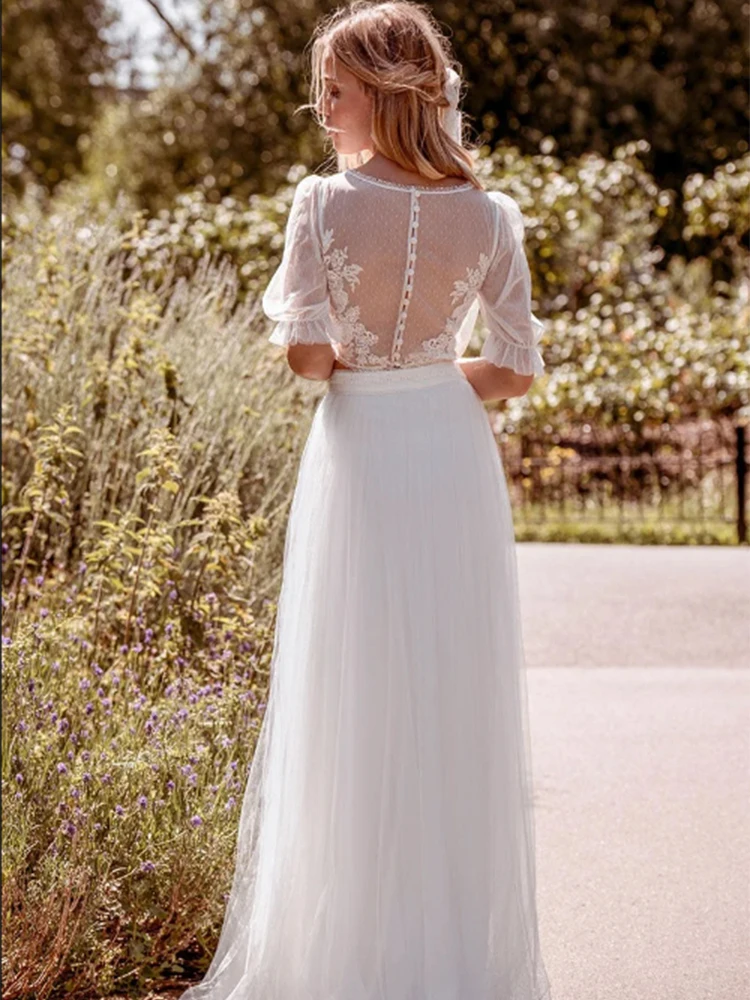 Boho a-line due pezzi abito da sposa maniche corte a sbuffo pizzo Applique o-collo bottone indietro abito da sposa elegante Vestido De Novia