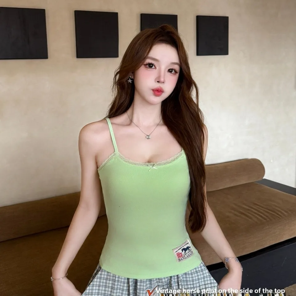 Delicate Lace Trim Halter Neck Top with Small Bow Design Gentle Atmosphere Women's Vest Strapless Super Short Length Lace