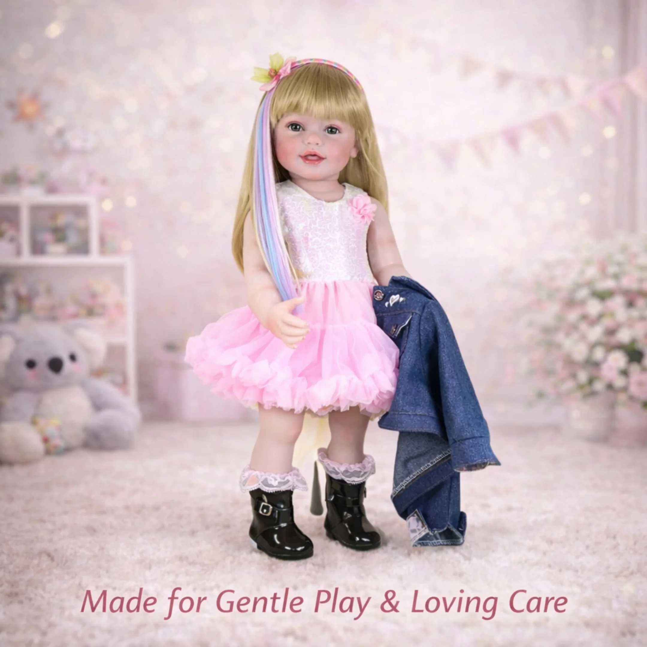 

Rainbow Dreams Reborn Toddler Doll – 22” Lifelike Blonde Wig with Rainbow Highlights, Light Skin Tone, Denim Jacket & Pink Tutu
