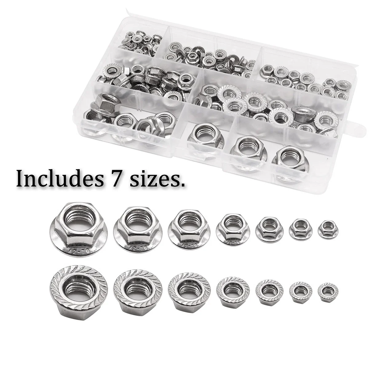 140 ชิ้น M3 M4 M5 M6 M8 M10 M12 304 สแตนเลสสตีล Hex หกเหลี่ยมหน้าแปลนถั่ว Serrated Spinlock Nut Lock Nut Assortment Kit DIN6923