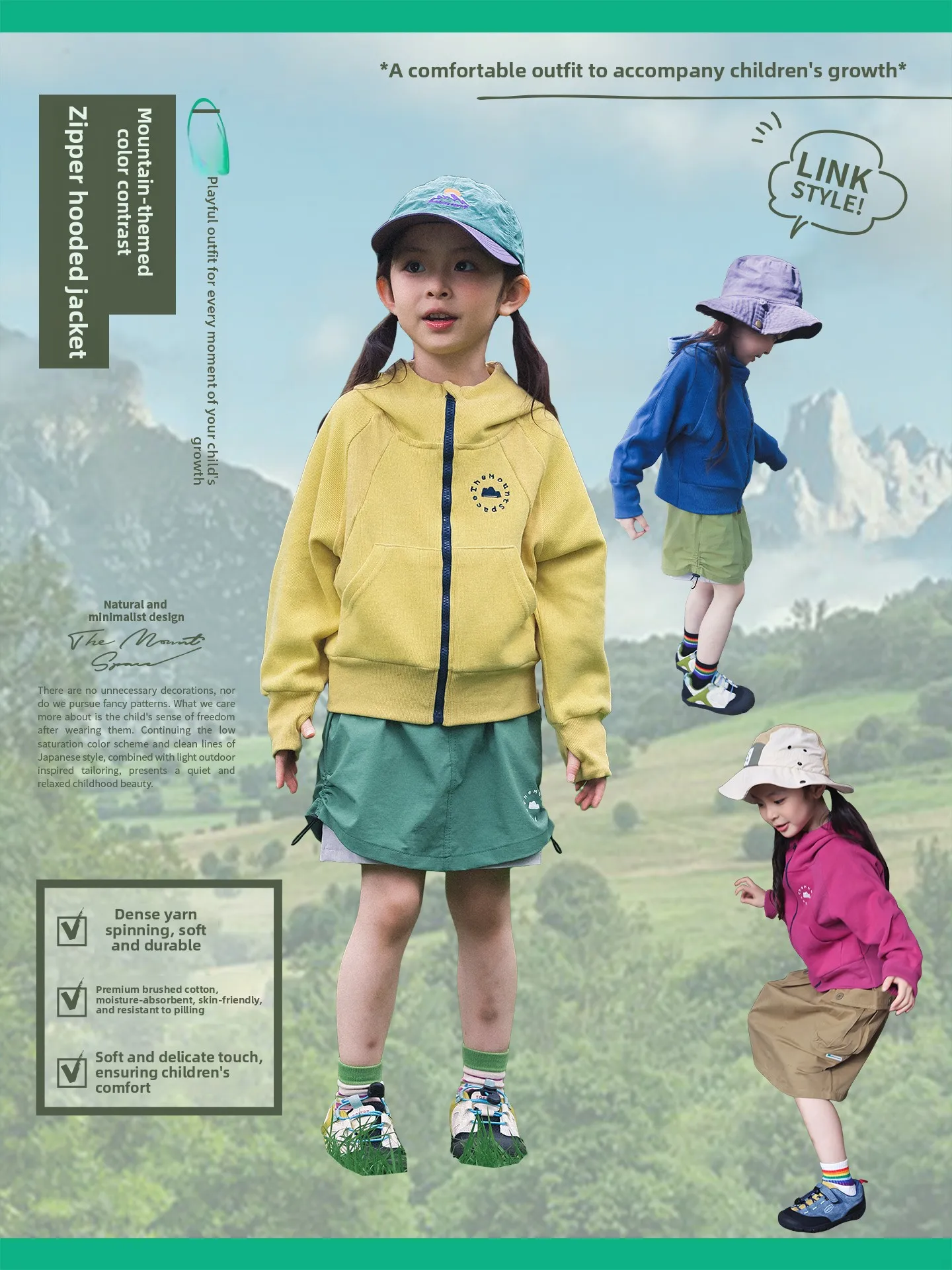 Outdoor Hooded Jacket for Girls Casual Long Sleeve Contrast Color Children's Clothing Autumn Winter Cotton Polyester Blend