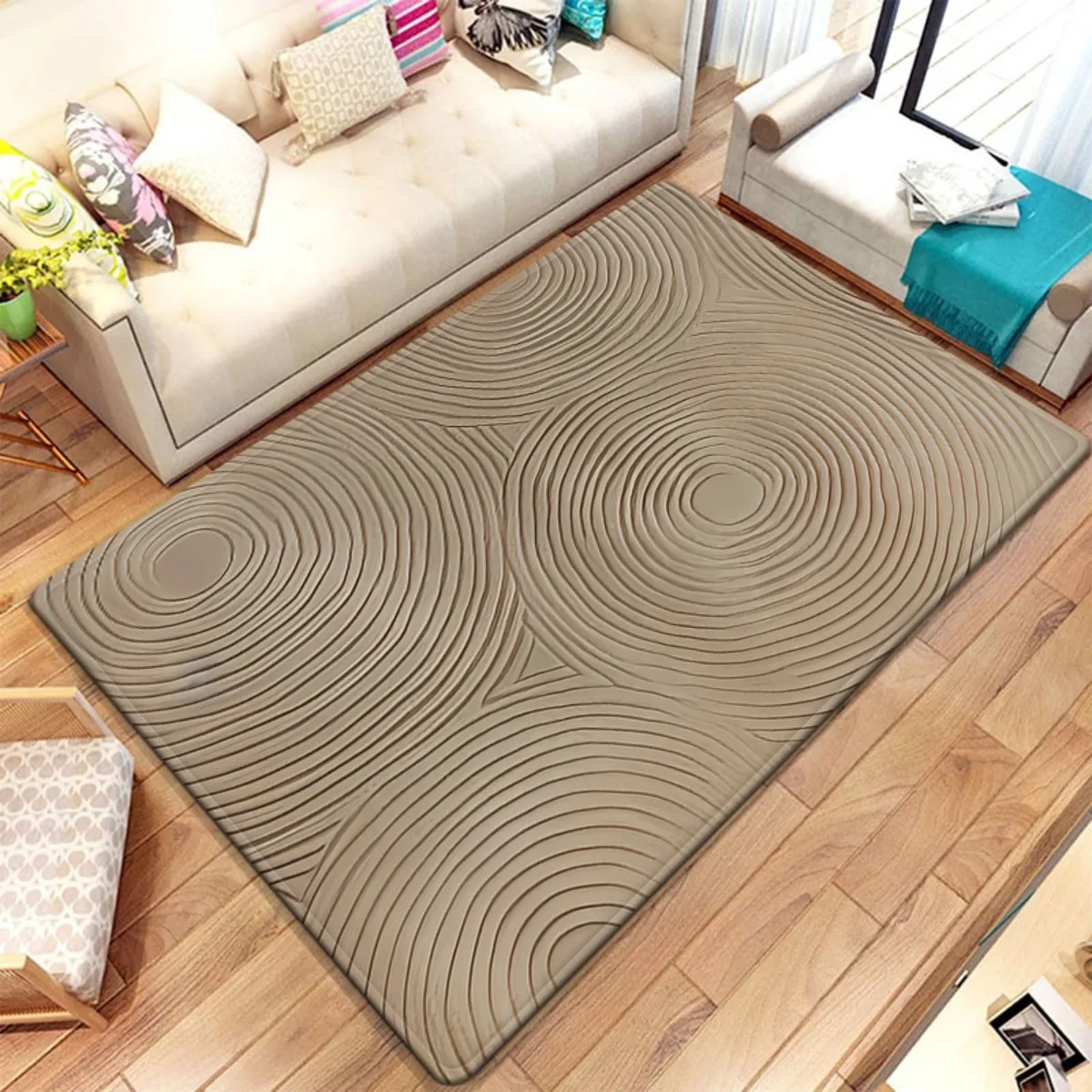Modern Geometric Circle Pattern Area Rug Beige Living Room Decor Contemporary Wave Abstract Carpet Mat for House Bedroom