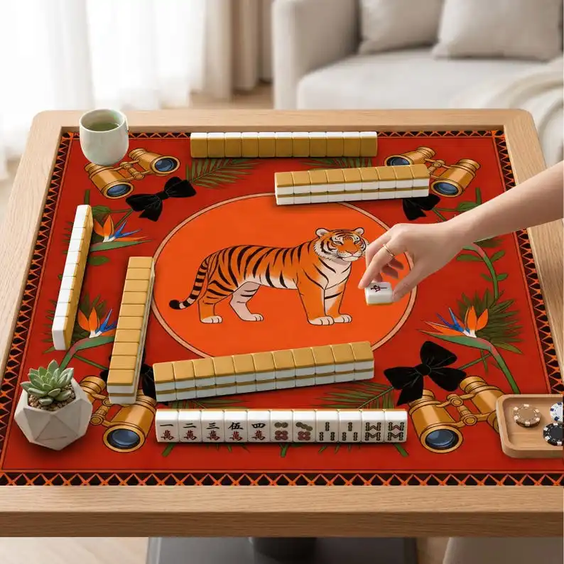 VIKAMA Retro Orange Tiger Binocular Mahjong Mat Non Slip Washable Square Pad Noise Reduction For US Mahjong Family Party Game