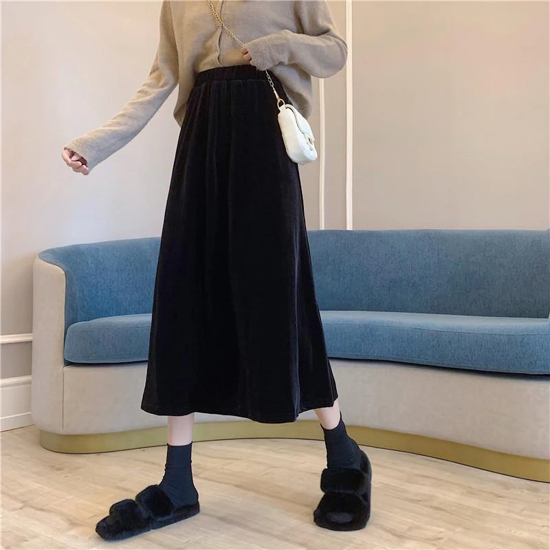 Rimocy Elegant Velvet Long Skirt for Women 2024 Vintage A Line High Waist Midi Skirt Female Solid Color Autumn Winter Skirts