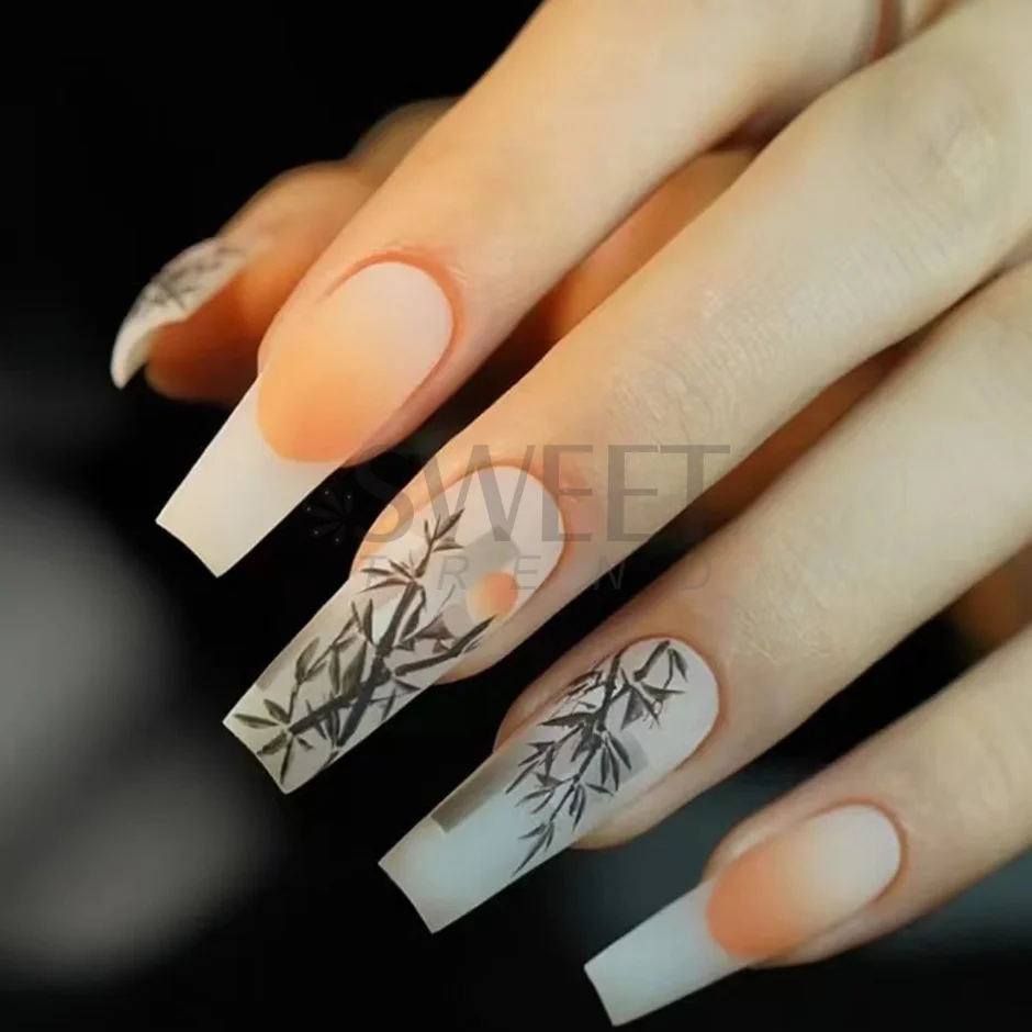 Ink Painting Flower Lotus Peony Stickers for Nails Chinese Poetry Calligraphy Sliders Bamboo Leaf Unique Decals Manicure SAF902