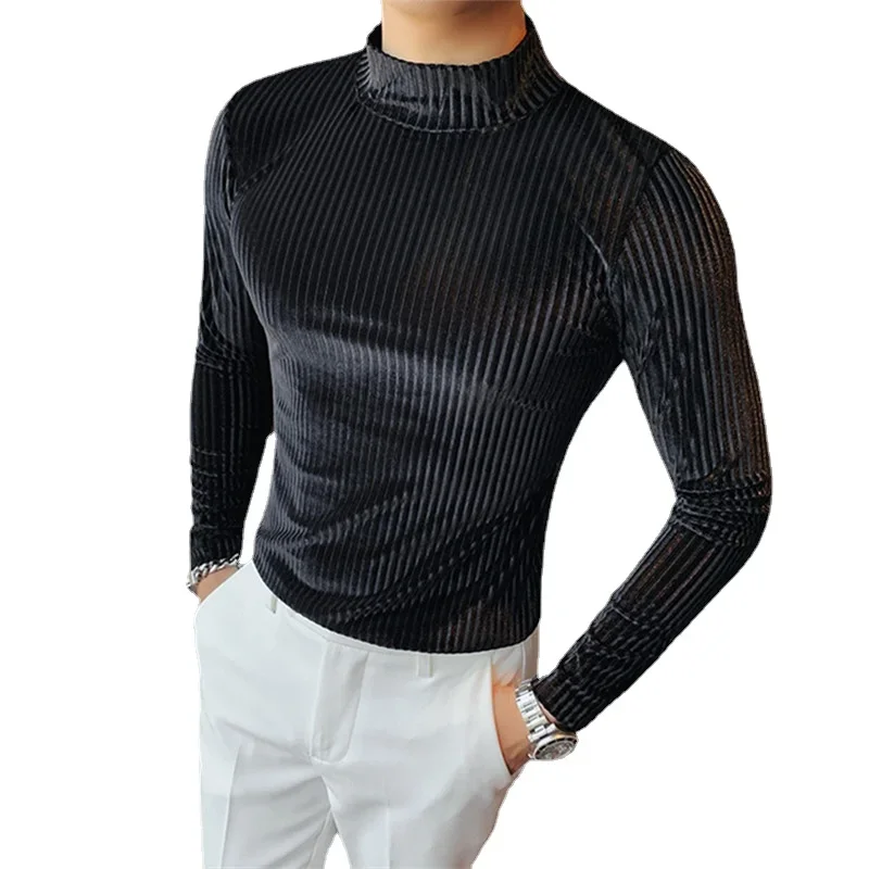 New Gold Velvet T Shirt Men Clothing Fashion Trend Male Luxury Prom Party Long-sleeved Striped Pullover Tops Homme