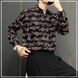 Leisure Trend Personality Retro Figure Printing Little Daisy Skinny All-match Elegant Shirt Trend Men's Clothing Autumn 2024