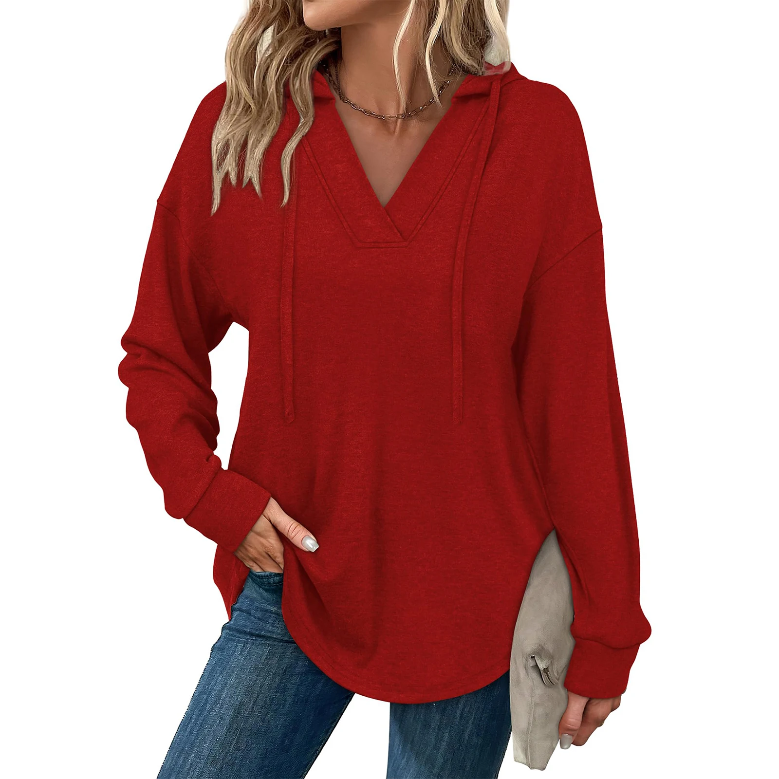 Tops Für Frau Frauen Mode Einfarbig Lange-Sleeve Mit Kapuze V-ausschnitt Casual Sweatshirt Top Frau Kleidung Winter Kleidung frau