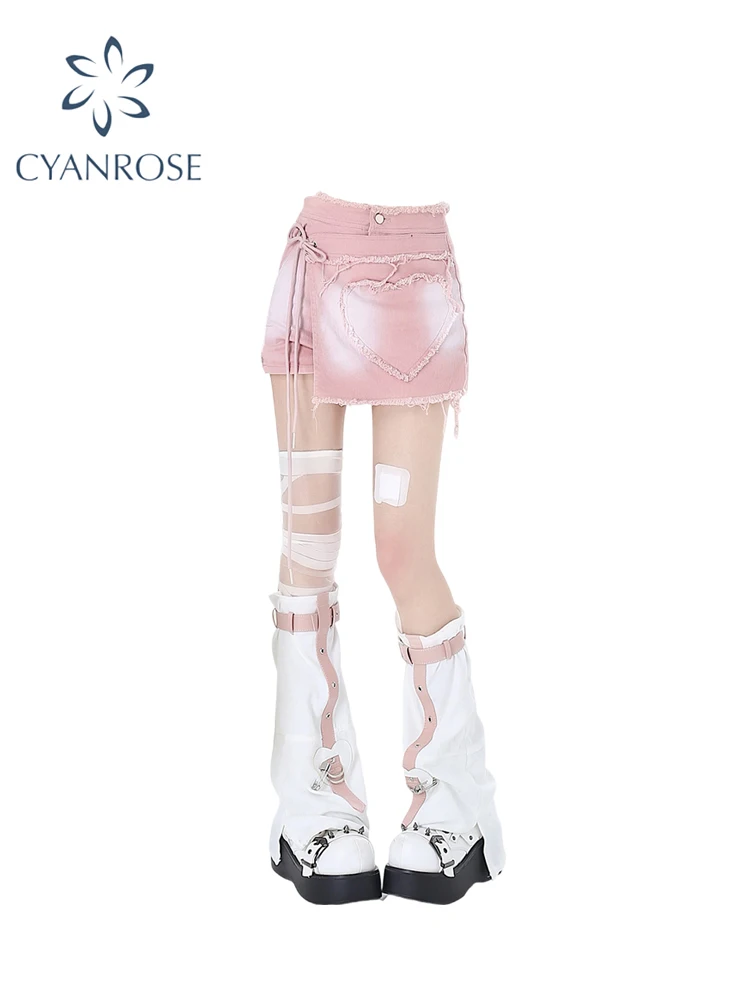 

Women Pink A-line Denim Skirt Vintage 90s Y2k Mini Cowboy Skirt with Heart Harajuku Korean Jean Skirt 2000s Clothes Summer 2024
