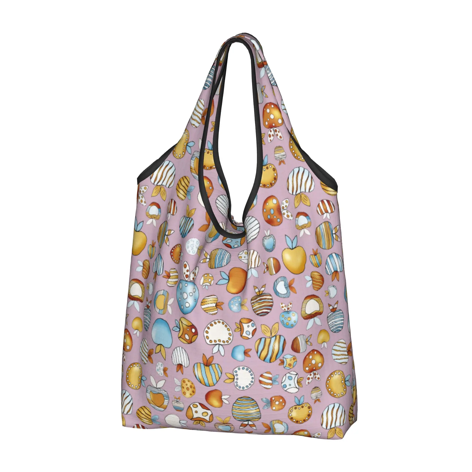 Retro Groovy Style Apple  Grocery Shopping Bags Custom Shopper Tote Shoulder Bag Big Capacity Portable Fruits  Handbag