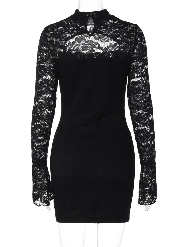 SsTss sexy kanten damesjurk, elegant, opstaande kraag, uitgehold, lange mouwen, met uitgesneden details, ingerichte mini-feestjurk 2025, herfst