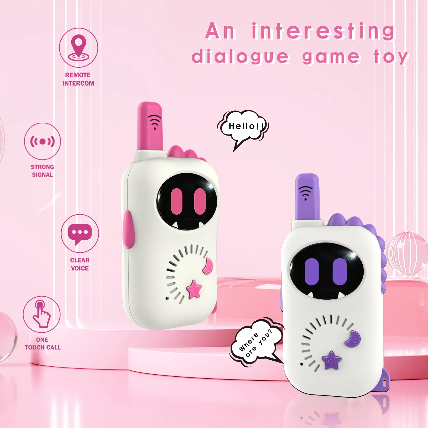 Kids Walkie Talkies Dinosaur Design Pink Purple 2PCS, Portable Handheld, Long Range Outdoor Adventure Toy