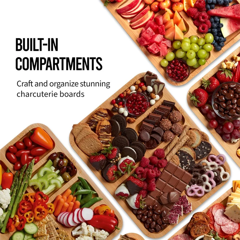 AT02-Build-A-Board Cutting Board With Compartments And Clear Locking Lid For Charcuterie Snacks, Bamboo With Bottle Opener