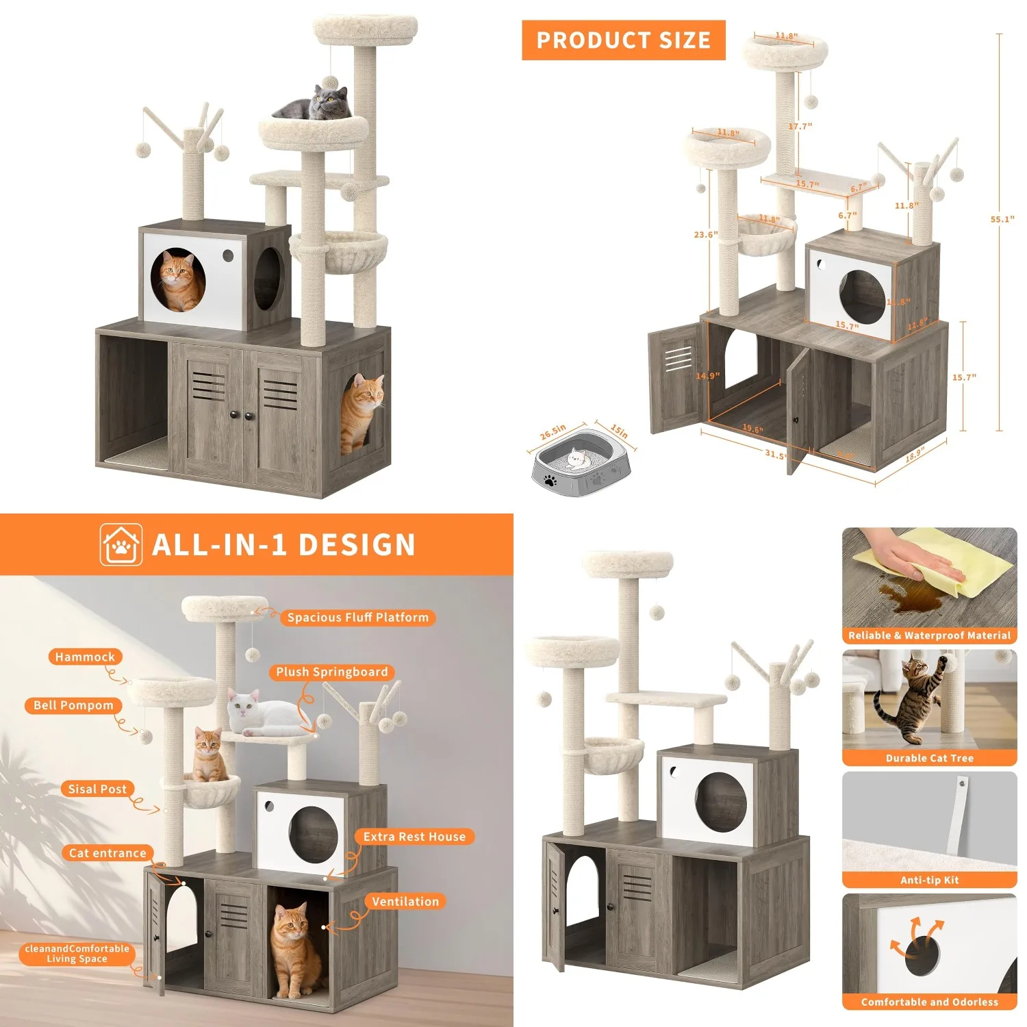 

Large Cat Tree with Litter Box Enclosure,3-in-1 Cat Tower, Hidden Pet Washroom Furniture,Wooden Multi-Level Cat, Customized