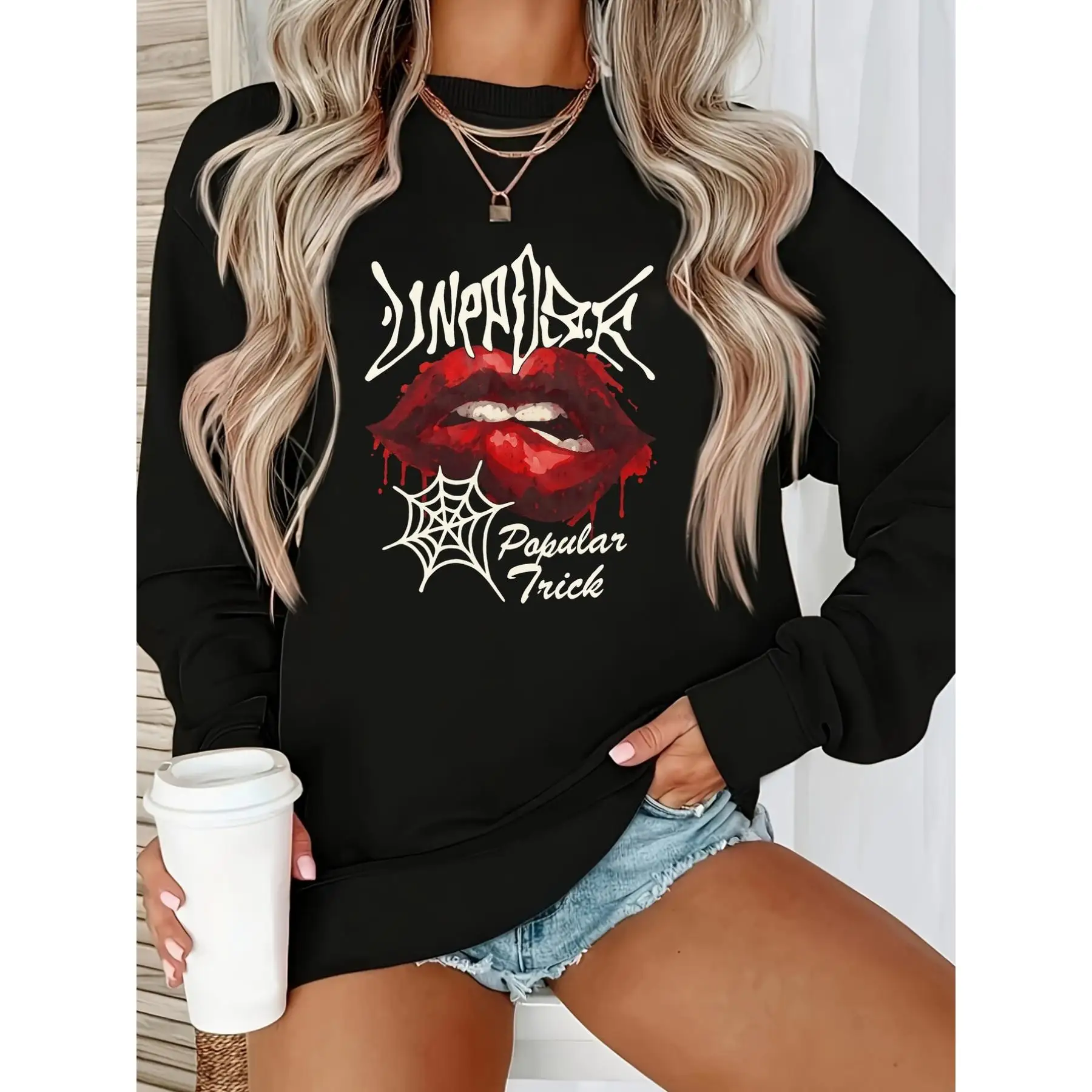 

Oversized Gothic Graphic Sweatshirt for Women, Unpopular Popular Trick Lip Print Crewneck Top, Horror Spooky Y2K Streetwear