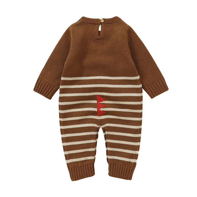 Baby Thanksgiving Sweater Romper Casual Turkey Stripe Print Long Sleeve Jumpsuit for Newborn Cute Clothes